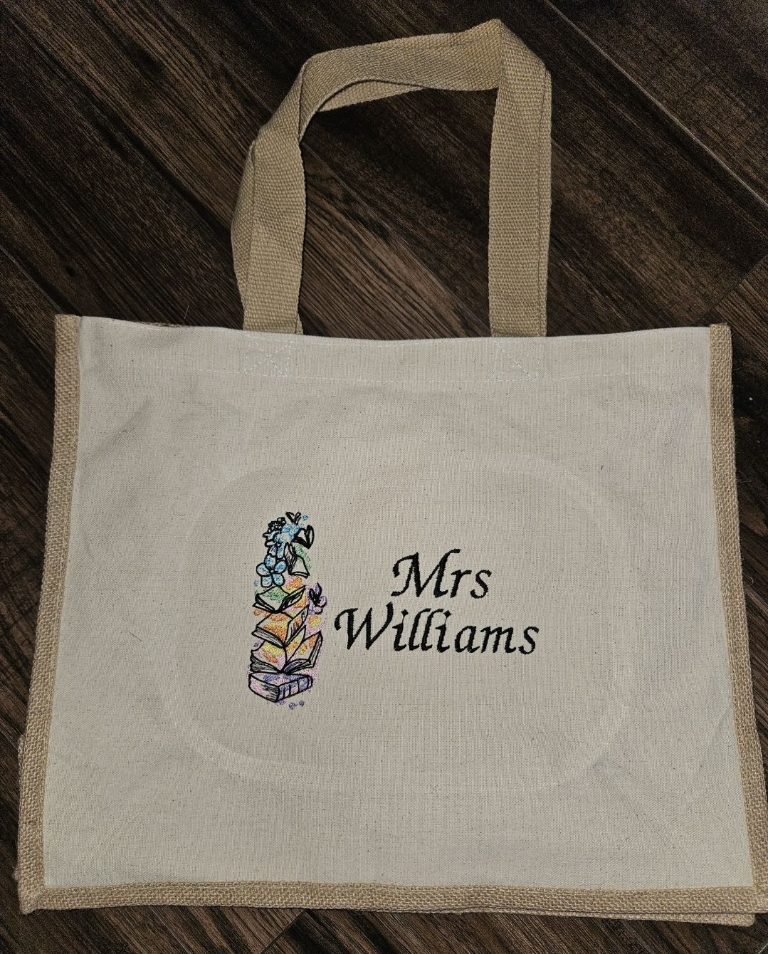 Custom Embroidered Tote Bag - Stack-of-books Floral Design